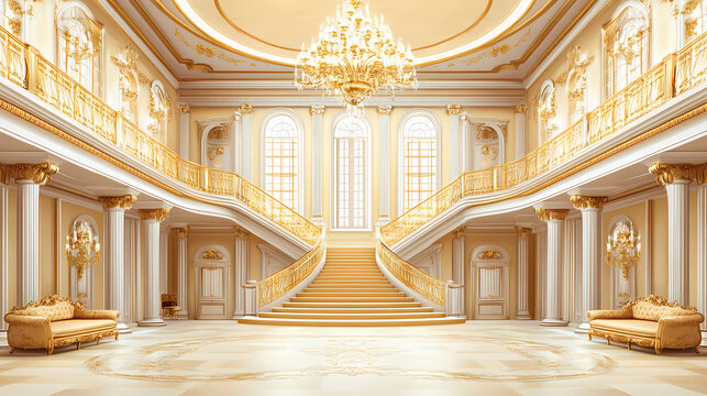 Vintage luxury palace hall background. empty victorian luxury room with retro sofas and golden chandelier on ceiling with stairs and balconies. Victorian Ballroom. Illustration