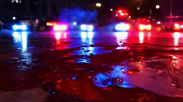 Blood reflecting police lights after accident