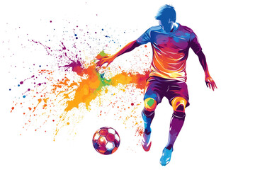 Soccer player in vibrant purple and orange uniform hits ball with colorful splash. Player body is angled to right, left leg extended. isolated transparent background highlights dynamic movement.