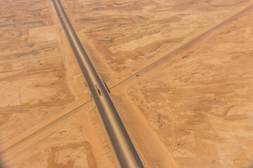 Aerial view of road and railway crosssing near Riyadh, Saudi Arabia