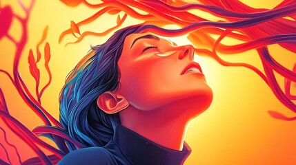 Woman bathed in warm sunlight, feeling serenity and peace. A vibrant portrait evoking tranquility, calm, and hope.