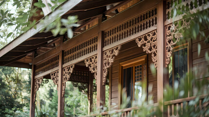 Obraz premium Close-up of a beautifully crafted wooden house exterior with intricate carvings on the porch, surrounded by lush greenery, showcasing traditional architecture and design.
