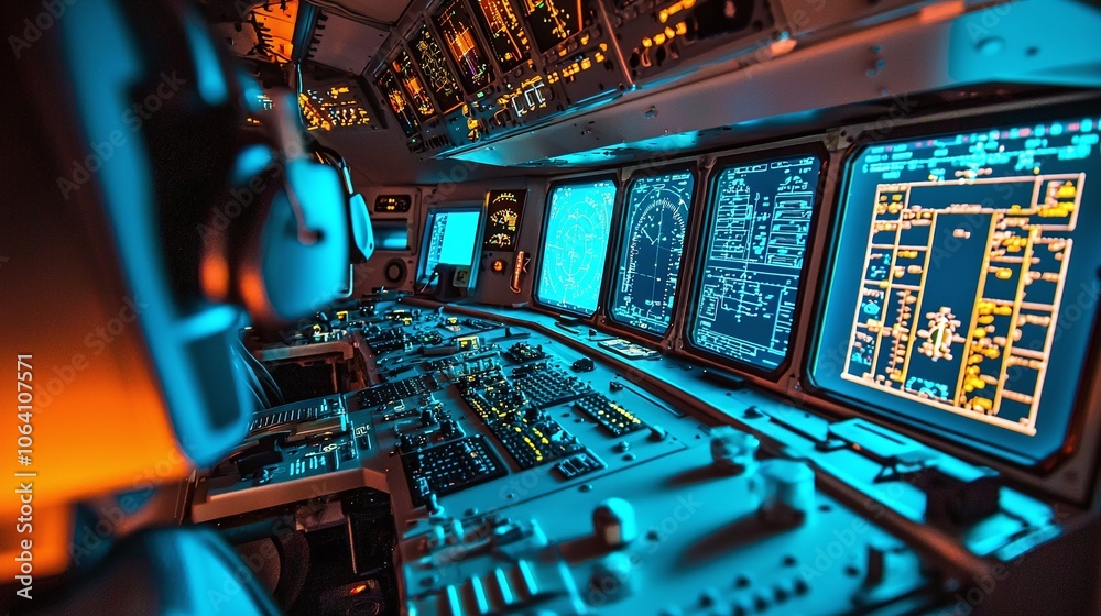 Poster Explore the advanced technology of a high-tech flight control room with multiple glowing displays and instruments