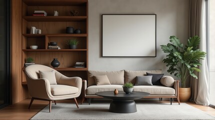 Minimalist Living Room Interior with Armchair Black Coffee Table and Wooden Shelf Japandi Design