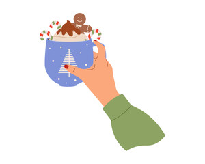 Female hand holding cup of hot beverage. Vector illustration for cozy designs, cafe promotions, and warm, comforting visuals