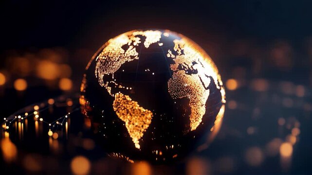 Global network lights glowing on digital Earth globe, world data connectivity, gold on black background