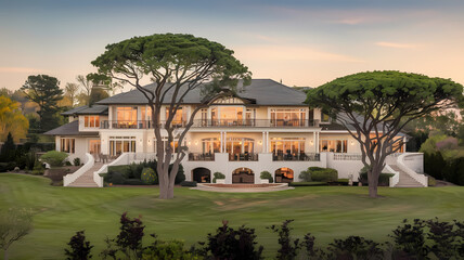 Fototapeta premium Stunning luxury home with expansive balcony and large windows, surrounded by lush greenery and mature trees, set against a serene sunset backdrop. Perfect for upscale real estate listings.