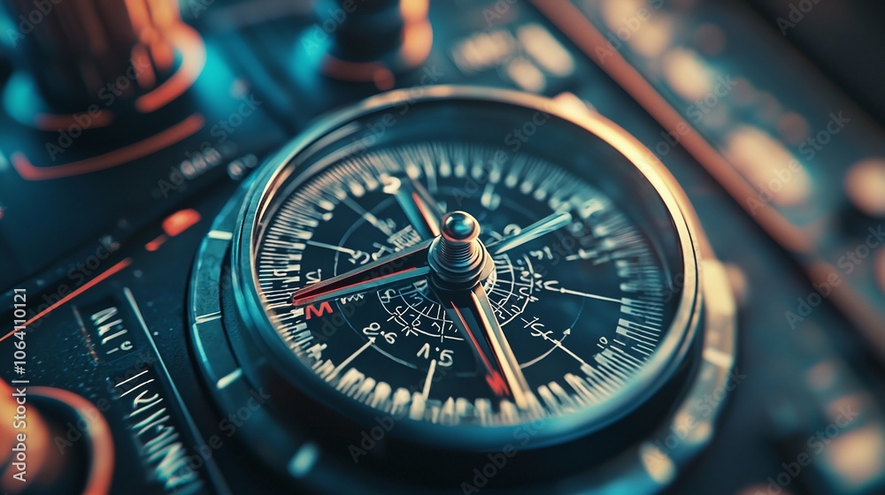 Poster Pilot navigates using a precision navigation compass in an airplane cockpit for optimal flight control and safety