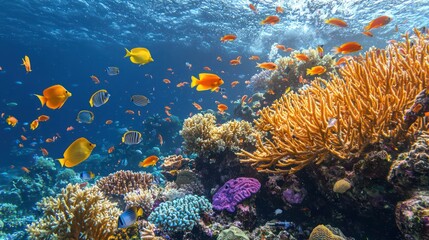 A vibrant coral reef teeming with colorful fish