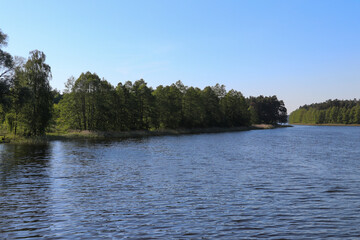 View of Lake Wydmińskie and the trees surrounding it, Wydminy, Poland, Warmian-Masurian Voivodeship