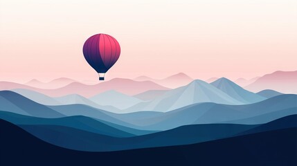 Fototapeta premium An illustration of a hot air balloon flying over a mountain range with a pink and blue sky in the background is beautifully depicted The hot air balloon adds a touch of whimsy