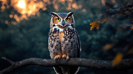 Fototapeta premium A wise old owl sitting silently on a tree branch at dusk