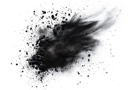 Black smoke cloud with small particles, dark and white illustration. Grey background, stark contrast. Soot, ash, cloud rises from bottom, dark and light tones.