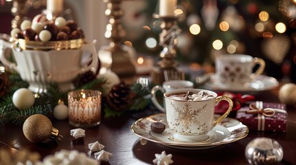 Fototapeta premium Elegant Holiday Dinner Setting with Hot Chocolate, Fine China, and Festive Decorations