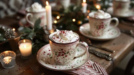 Fototapeta premium Elegant Winter Dinner Setting with Hot Chocolate and Holiday Decor for Seasonal Gatherings