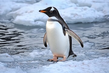 Obraz premium Adelie penguin standing on icy ground, swimming in cold water