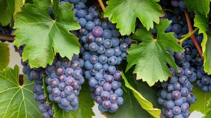 Fototapeta premium Cluster of ripe grapes with green leaves, fresh from vine for healthy eating