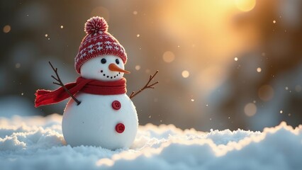 toy snowman in a red hat and scarf in the snow in the sunlight on a blurred Christmas background. Winter snow banner