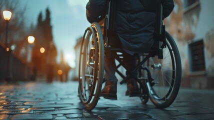 Person in wheelchair navigating cobblestone street in evening light