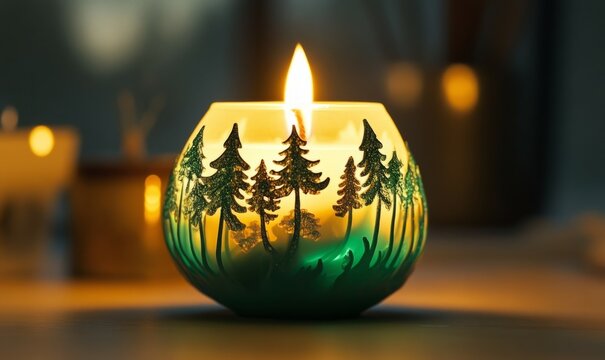 A candle with a flame that takes the shape of tiny trees and leaves, glowing with a greenish hue