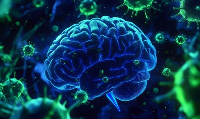 Fototapeta premium A highly detailed image of a blue-glowing human brain with green virus particles hovering around it.