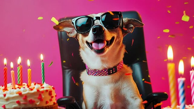 Jack Russell terrier wearing sunglasses is blowing confetti out of noisemakers while sitting on an office chair with a cake and candles in front of it