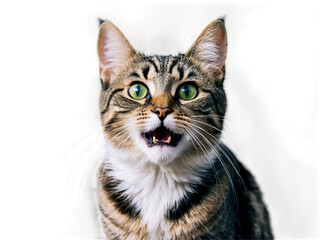 Obraz premium A surprised cat with wide eyes and an open mouth, showcasing its astonishment. The feline's fur is fluffy and well-groomed, adding to its expressive look