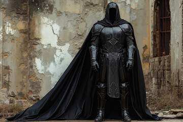 Naklejka premium A person dressed in a black armor and cape, standing in front of a dilapidated building