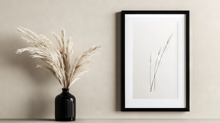   A photo of a plant in a vase on a wall with another photo beside it