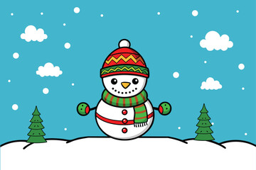 Little knitted snowman on the white snow on blue background.