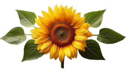 Realistic Sunflower with branch and leaves on white background