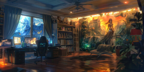 Obraz premium Indie Game Lab: A creative haven for indie game developers, complete with comfortable furniture, colorful murals, and state-of-the-art gaming equipment.
