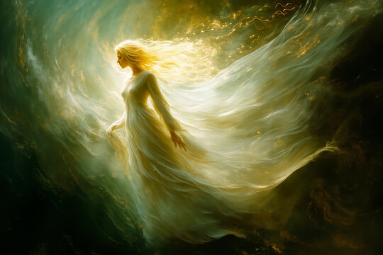 A woman with blonde hair and a white dress is floating in the air with her arms outstretched, surrounded by a swirling, golden, cloud-like substance