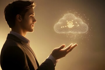 businessman holding digital cloud with AI icon in hand