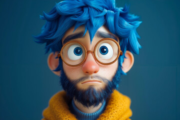 Obraz premium A 3D animated character with blue hair, blue eyes, and a yellow sweater