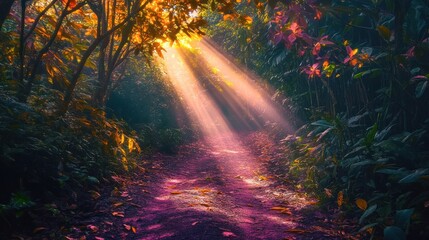 Fototapeta premium Sun rays illuminate a path through a lush forest with vibrant foliage.