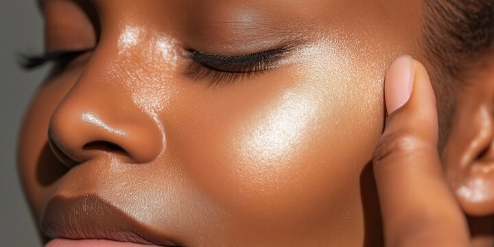 A woman applying highlighter along her cheekbones, her fingers blending it carefully