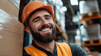 A smiling worker with a beard resting against stacked boxes in a modern warehouse, donned in an orange safety vest and hard hat, feeling relaxed yet ready to work.