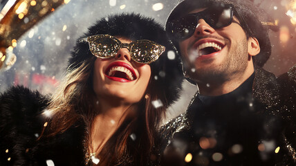 Couple dressed up for a celebration outdoors laughing during countdown new year 