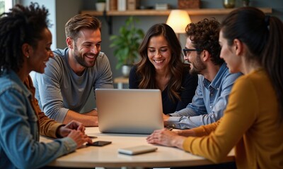 group of five people gathered around a laptop, smiling and engaged in a collaborative discussion. The atmosphere is friendly and relaxed, suggesting teamwork, brainstorming, or a productive meeting