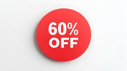 White '60% OFF' Text on a Red Round Paper Note. White Background with Copy Space