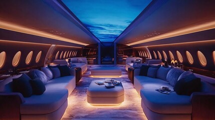 Fototapeta premium Experience luxurious private jet interiors with panoramic sky views for ultimate comfort and style