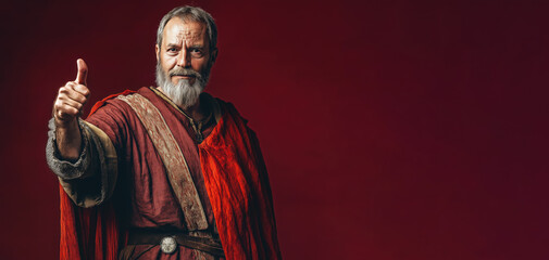 Naklejka premium Historical old era royalty man showing approving thumb up, studio photo banner copy space on side. Generative AI