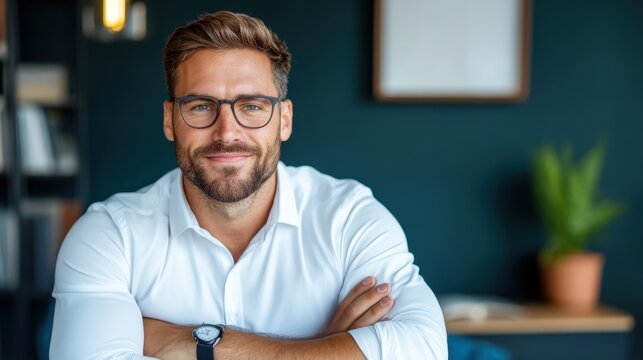 A man wearing glasses and a white shirt smiles confidently, seated in a modern office environment, capturing a professional yet approachable demeanor.