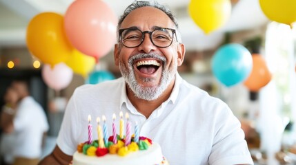 A joyful, older man holding a birthday cake with lit candles, surrounded by vibrant balloons, capturing a moment of happiness and celebration.