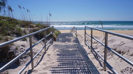 Scenic beach boardwalk to serene ocean on a sunny day