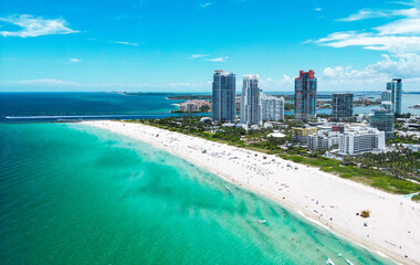 Miami Beach, South Beach, Florida, USA. Miami seaside. Aerial view of Miami Beach and cityscape....