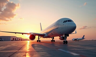Obraz premium airplane on the runway during sunset, with the warm glow of the sun reflecting off the tarmac. Another plane is seen in the background