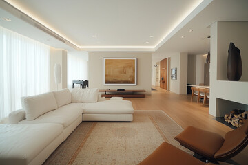 Fototapeta premium Elegant and Natural Modern Living Room: Luxurious Interior Photography Showcasing Contemporary Design with Organic Accents