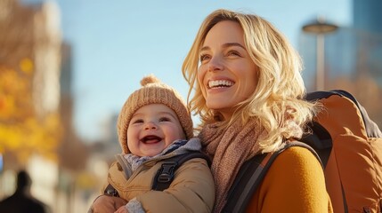Obraz premium A blonde mother wearing a cozy jacket and scarf smiles broadly while holding her baby on a bright autumn day, capturing warmth and happiness of parenthood.